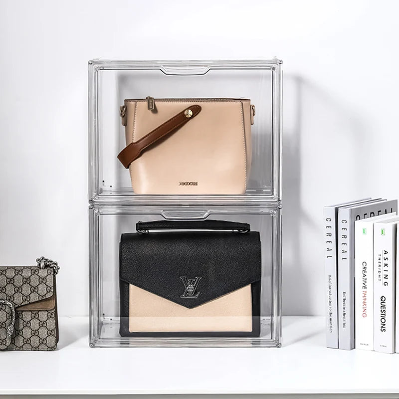 Hot-selling Transparent Lady's Bag Organizer Stacking Custom Logo Collection Display Shelf Bag Organizer Box