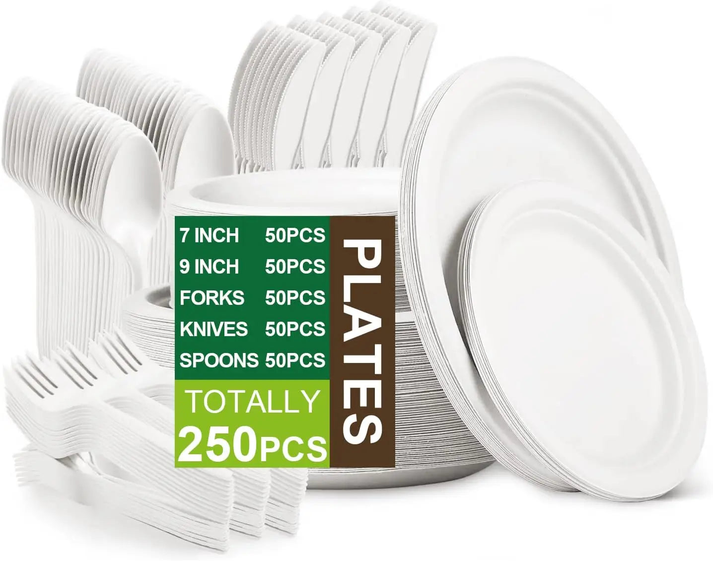10000PCS Disposable Biodegradable Customized Size Sugarcane Bagasse Paper Plates Set Forks Knives Spoons-BPA Free Party