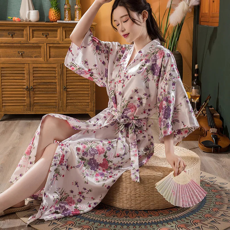 Bathrobes Women Long Nightgown for Women Floral Print Sexy Nightwear Kimono Luxury Satin Robe Sleepwear
