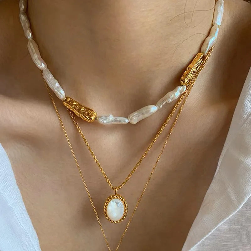 Aimgal Natural Baroque Freshwater Pearl Necklace 18K Gold Retro OT Buckle Brass Plated Clavicle Chain Elegant Party Gift