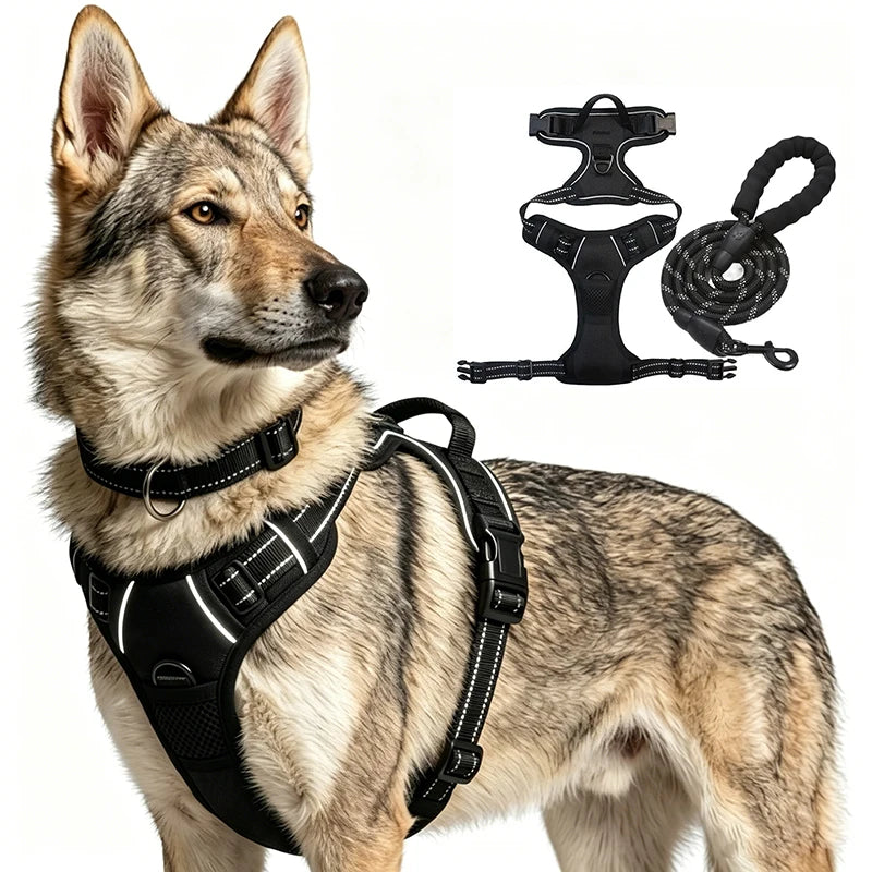 Dog Harness No-Pull with 2 Leash Clips Adjustable Reflective Solid Nylon Vest for Large Dogs