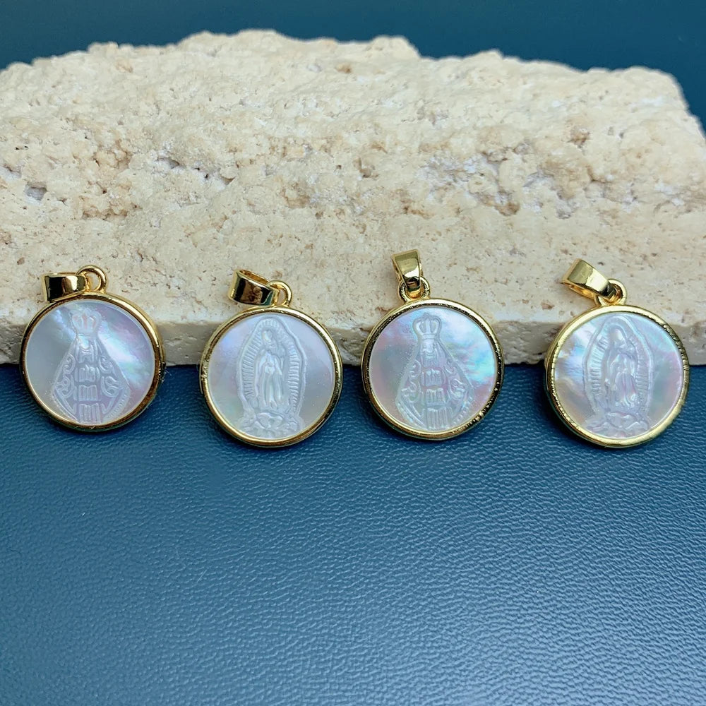 17mm Round Guadalupe Virgin Pendants PVD 18K Gold Plated Sea Shell Charms for Jewelry Making