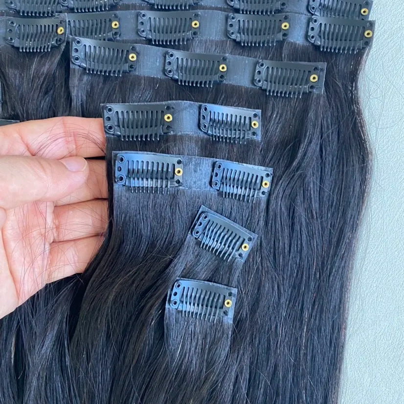 Wholesale 100% Virgin Remy Brazilian Hair Seamless Clip-In Extensions PU Clips Straight Texture Natural Black Color Machine
