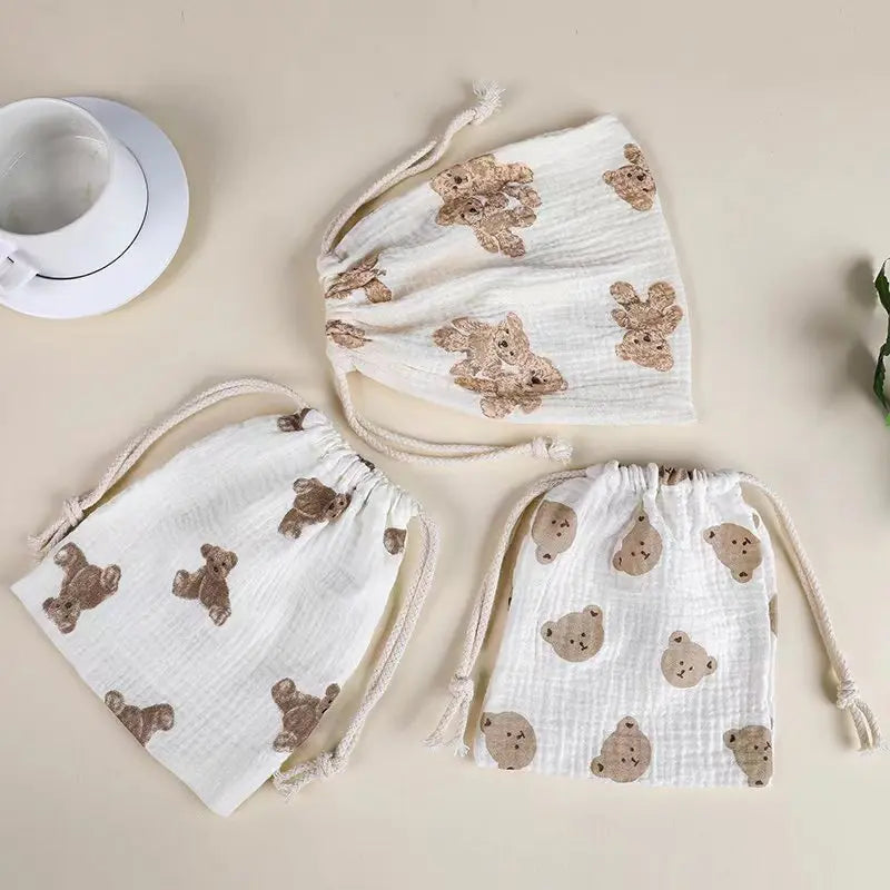 Ins Drawstring Storage Bag 22*16 CM  Muslin Cotton Drawstring Bag Cute Printing Drawstring Gift Bag