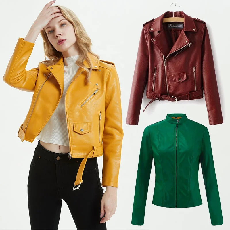 Women Motorcycle Cropped Jackets Faux Leather Biker Short Blazer PU Belted Zip up Streetwear Waterproof Coat Moto Jacket