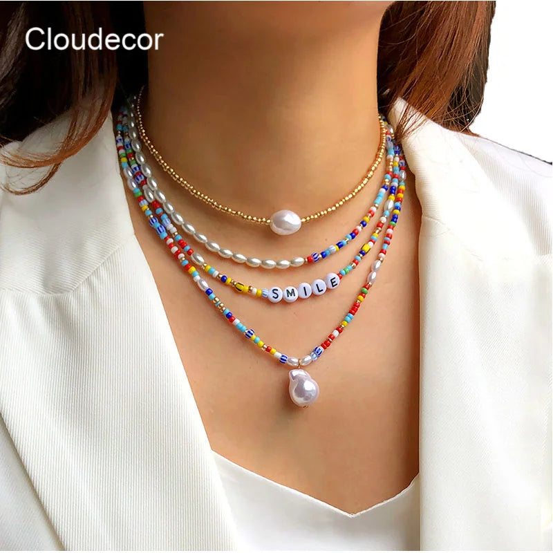 2022 Summer Women's Boho Beaded Necklace Set Floral Pattern Choker Necklaces for Gift