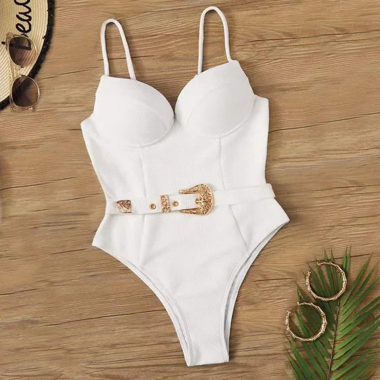 One Piece Swimsuit Metal Belt Buckle Swimwear Solid Color Bikini Swimwear Beachwear