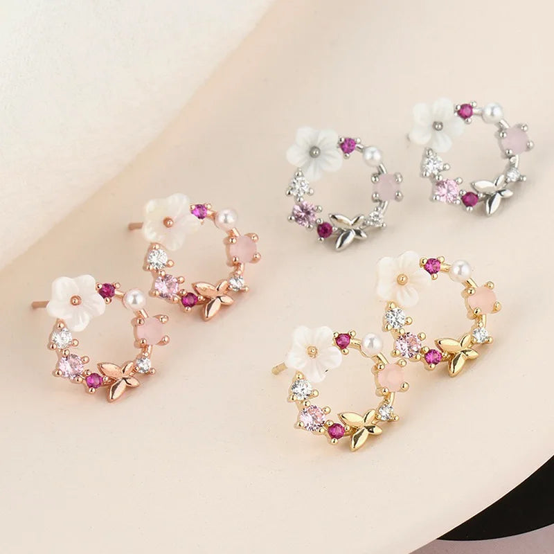 Hot Selling Romantic Circle Earrings Butterfly Flower Earrings Zircon Pearl Stud Earring for Women