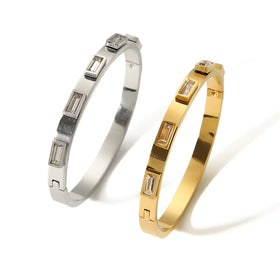 Classic 316L Stainless Steel Diamond White Rectangle Cubic Zircon Bezel Cuff Bangle Bracelets for Women Gift