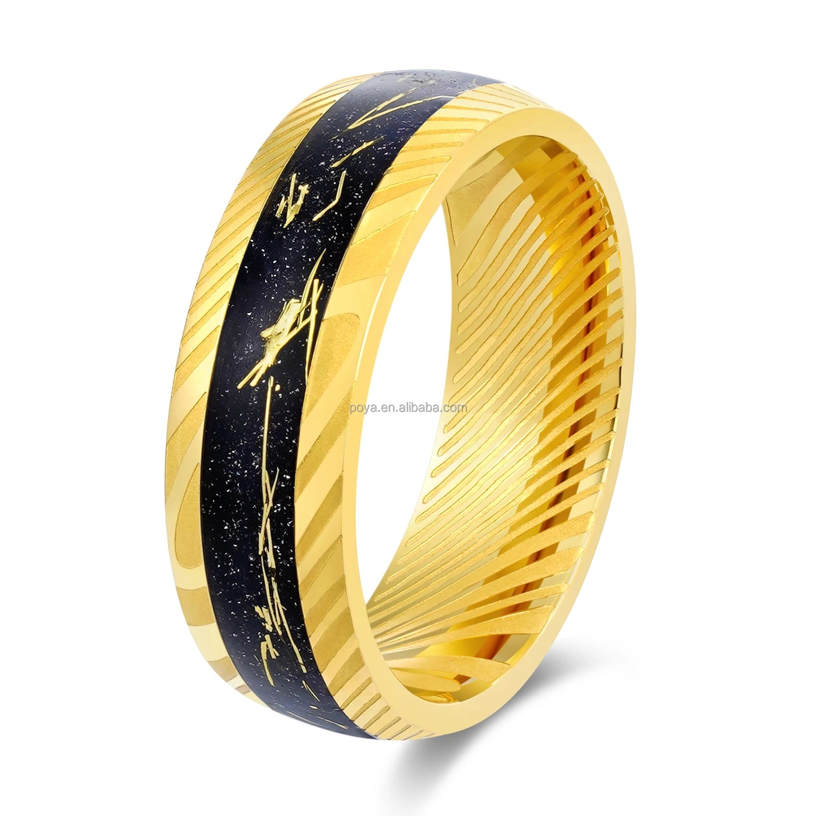 POYA Fashion 8mm Gold Plated Stainless Steel Wedding Band Men's Anniversary Ring Meteorite Inlay Etched Damascus Steel Mens Band