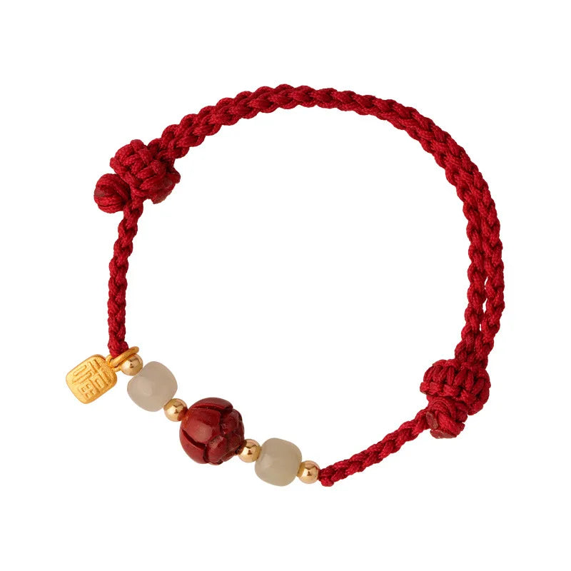 Chinese Ethnic Hetian Jade Macrame Bracelet Women Vermilion Lotus Red Rope Braided Bracelet for Gift