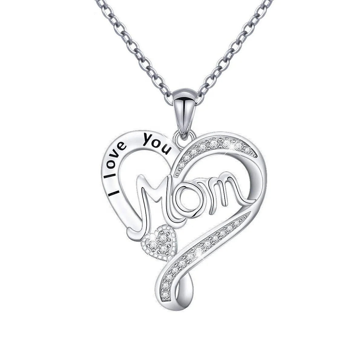 Wholesale Mother's Day Gift 925 Sterling Silver MOM love Zircon Heart Shaped Pendant Fine Jewelry Necklaces for Women