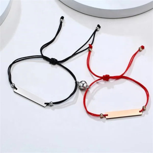 Yiwu Aceon Stainless Steel ID Bar Red Black Rope Adjustable Handcraft Blank Stamping Couple Bracelet Engraveable