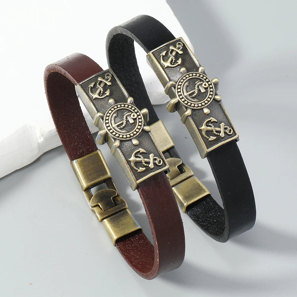New Design Vintage Anchor Helm Leather Cuff Bracelet Antique Bronze Plated Men's Jewelry