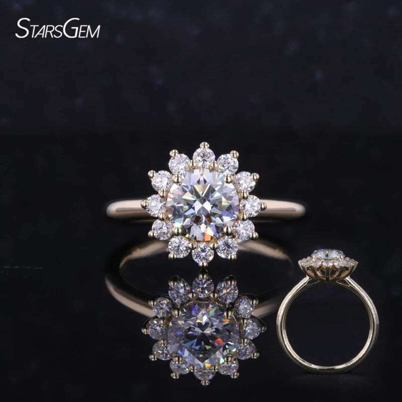 Starsgem 1 Carat Round Brilliant Cut Flower Ring 10K Yellow Gold  Lab Grown Diamonds Halo Engagement Rings