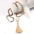 Fashion Boho Jewelry Women Gift 8mm Natural Stone Crystal Glass Beads Necklace Oval Druzy Tassel Pendant Necklace