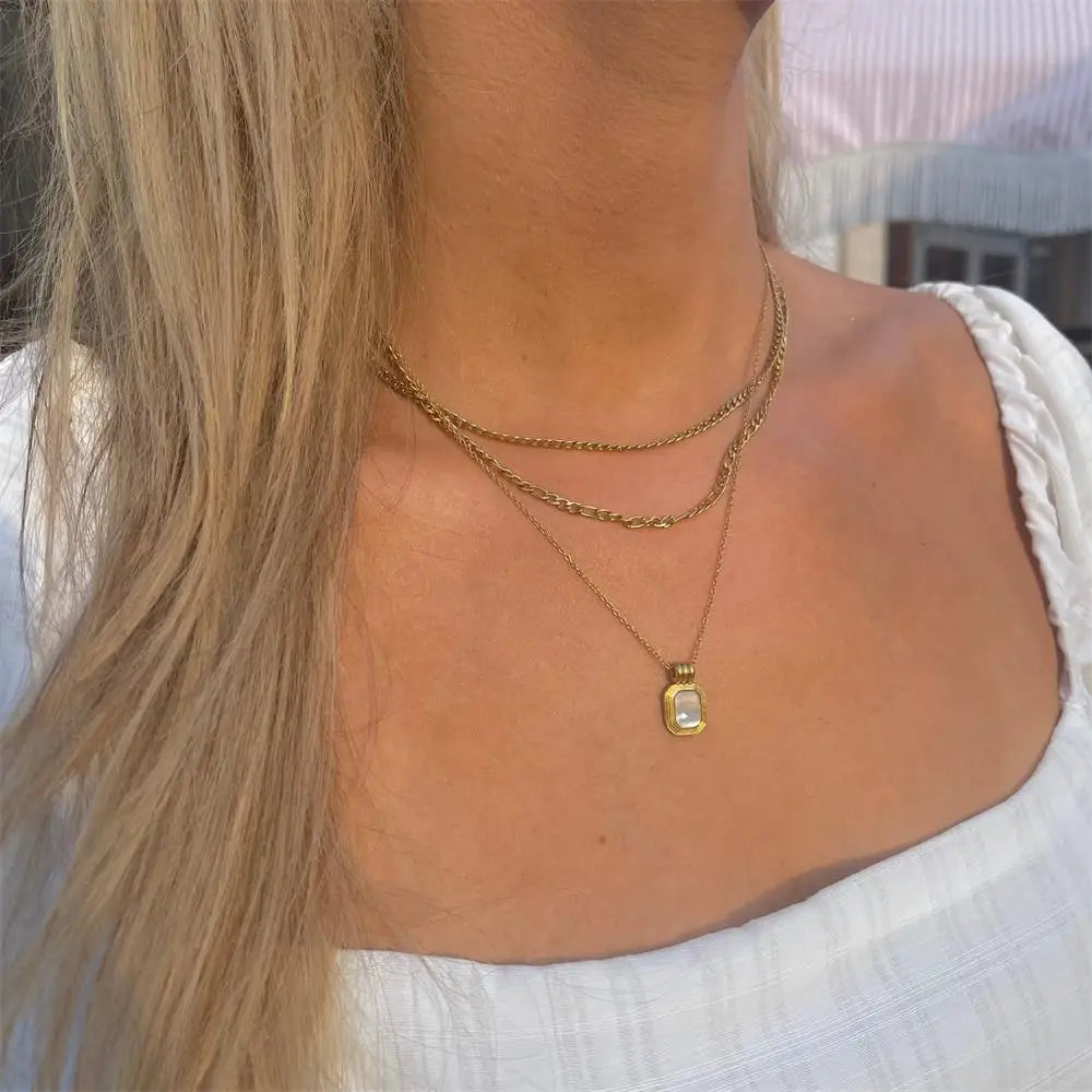Double Layered Stainless Steel 18K Gold Plated Figaro Chain Square White Shell Pendant Necklace Tarnish Free for Daily Wearing