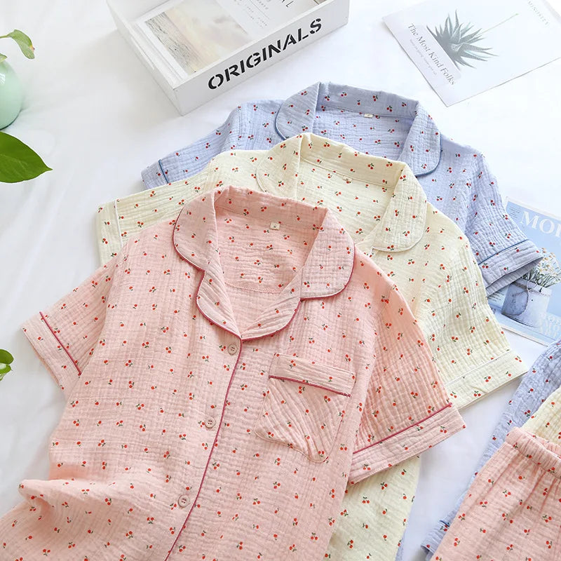 High Quality Casual Turn-down Collar Pajamas Loungewear Short Sleeve Cotton Sleepwear for Women