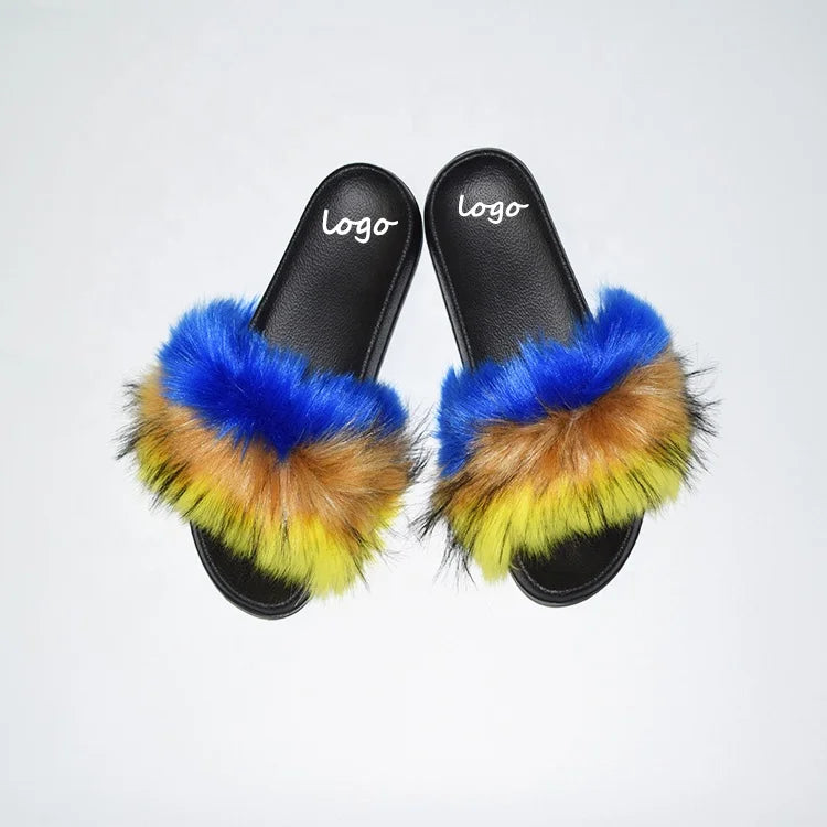 Fur Slides for Women REAL BIG FURRY Flush Soft Raccoon Outdoor Slider Sandals fox Fur slippers