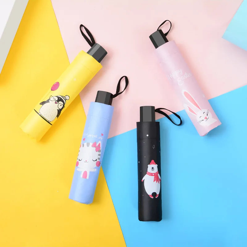 Cartoon Cat Rabbit Bear Penguin Black Coating Windproof UV Protect Parasol 3 Folding Student Girls Rain Sun Folding Umbrellas