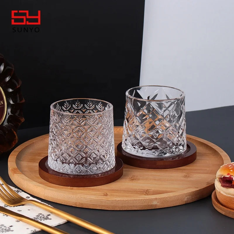 Stocked Premium Crystal Slanted Rocking Whisky Glass Gift Set With Wood Base
