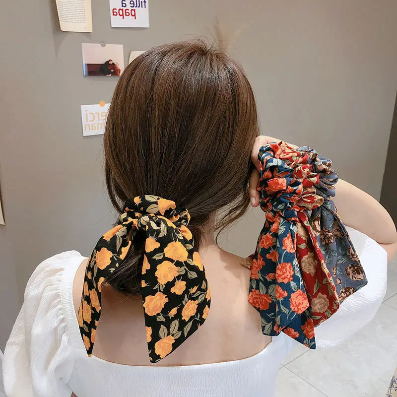 IVANHOE Korean Version of the Net Red Ins Long Ribbon Silk Scarf Hairband Temperament Silk Face Floral Bow Tied Hair Rope