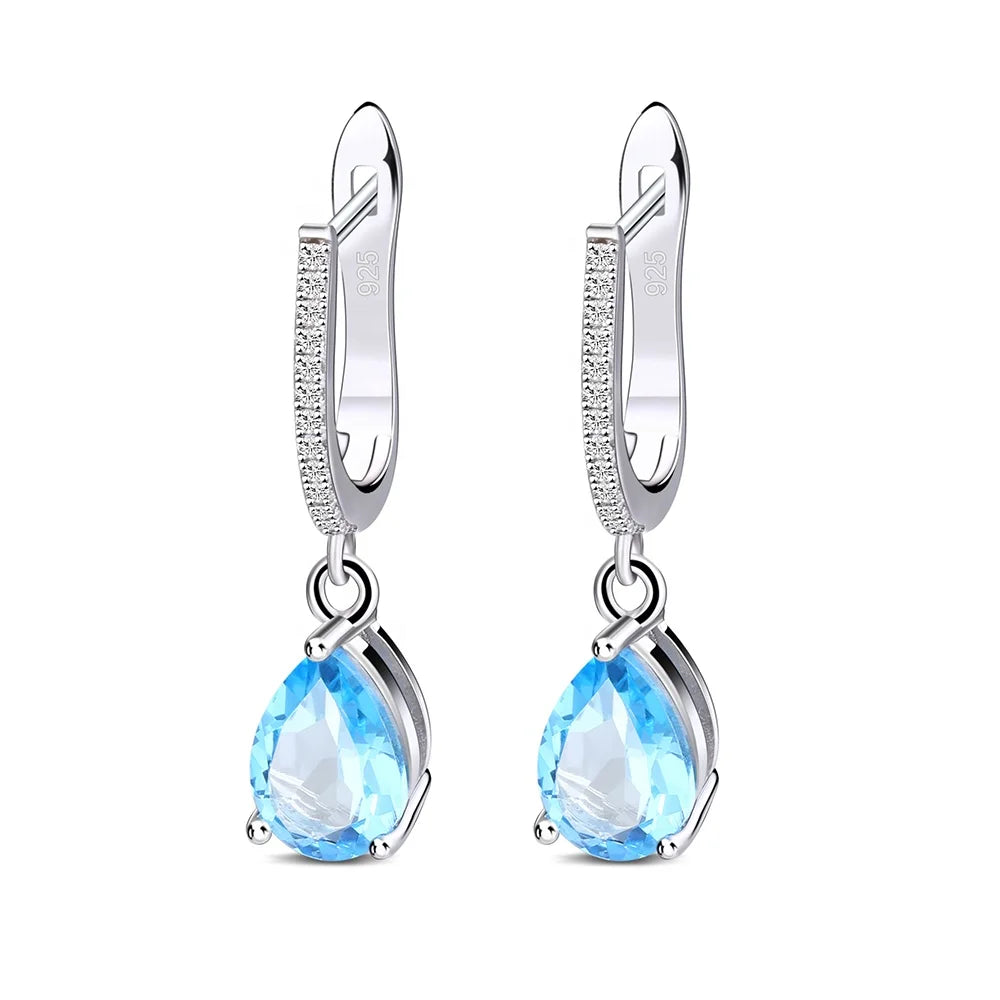 A2982 Abiding Fashion Natural Swiss Blue Topaz Gemstone 925 Sterling Silver Jewelry Wedding CZ Diamond Drop Earrings for Women