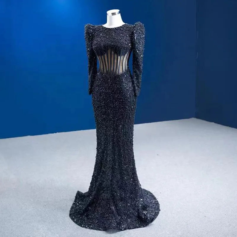 Jancember RSM67553 Sexy Black Illusion Long Sleeve Party Mermaid Evening Gowns Dresses