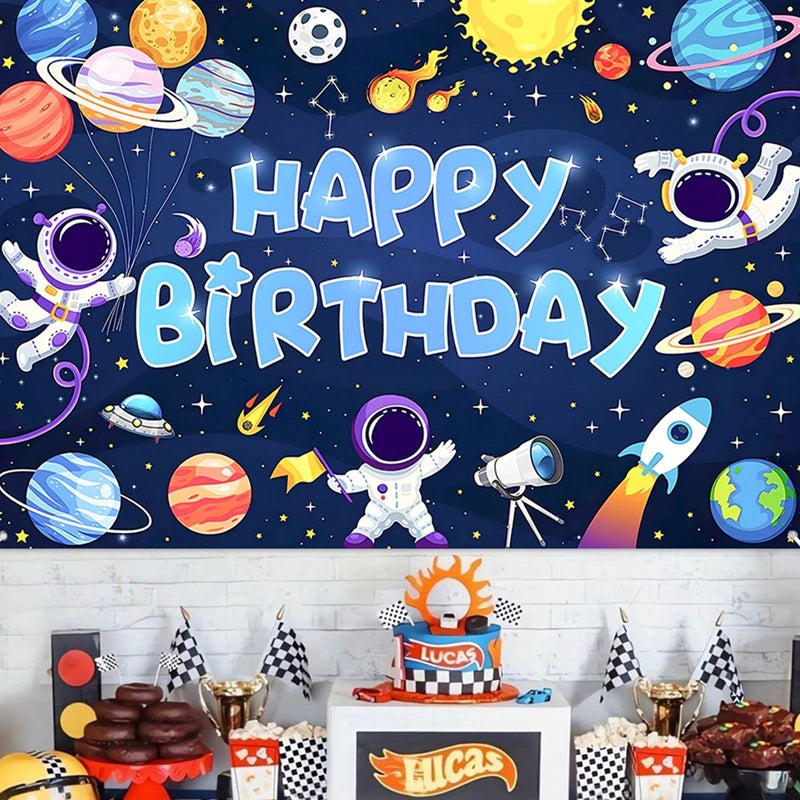 Happy Birthday Background Banner Sign Large Fabric Space Theme Birthday Photography Background for Birthday Party Supplies