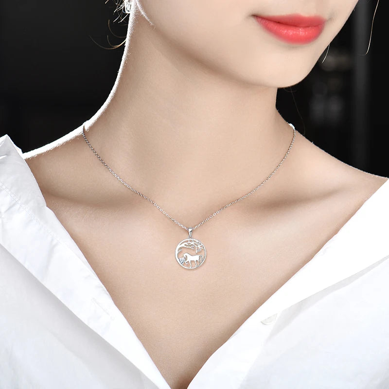 Horse Shape Round Pendant Necklace 925 Sterling Silver Horse Jewelry Pendant Gift For Women Girls Horse Lover