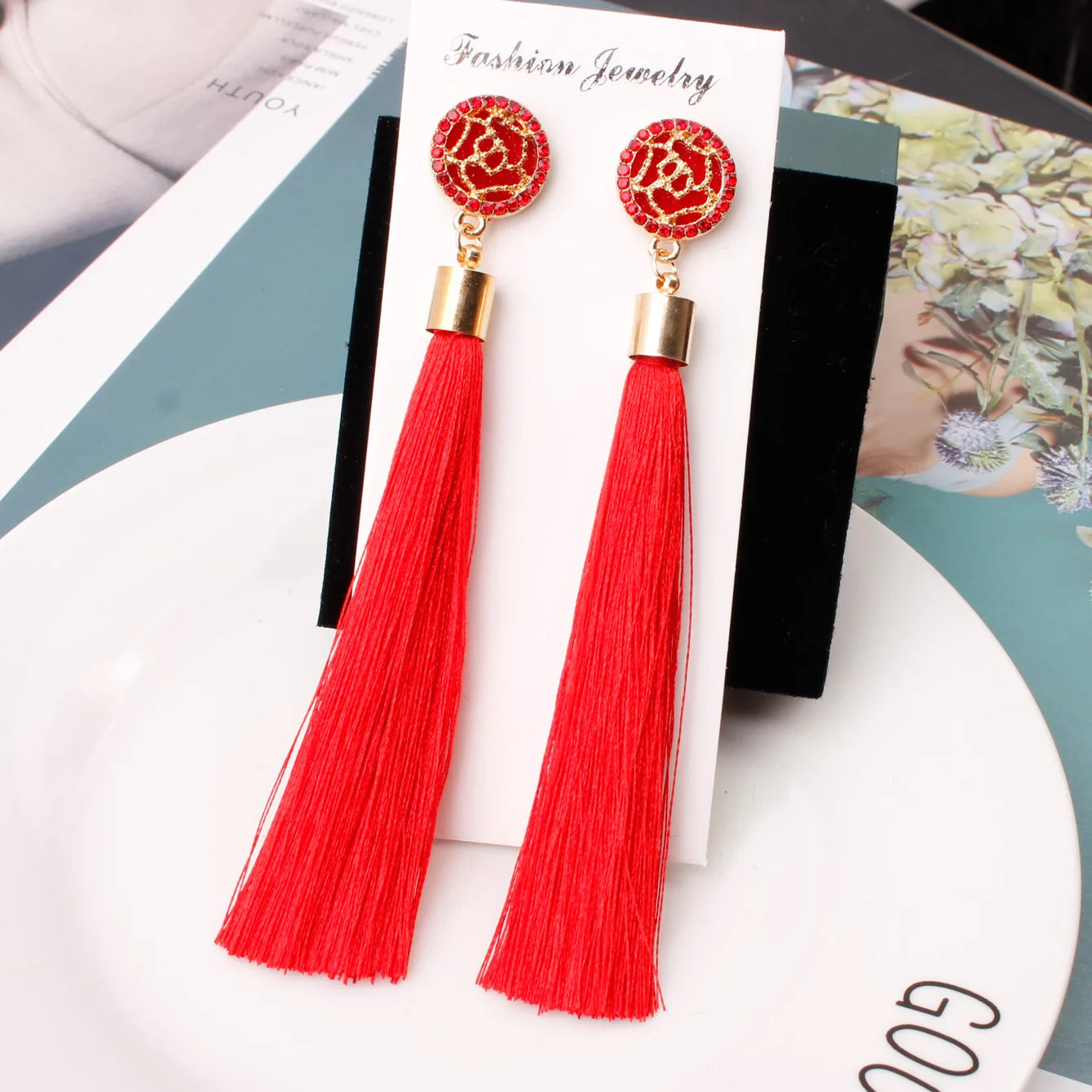 RisingMoon Gold Rose Flower ODM Metal Long Fan Tassel Earrings Fashion Designer Multicolour Earring