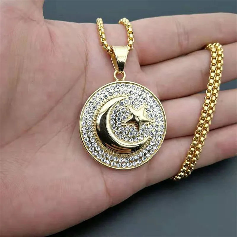 Stainless Steel Crystal Islamic Muslim Allah Round Moon Star Pendant Necklaces Choker Religion Symbol Jewelry