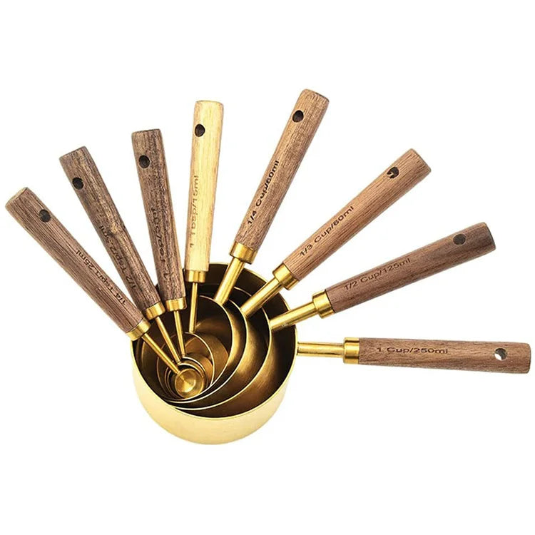 Kitchen Measuring Tools Utensil Stainless Steel Measuring Cups and Spoons Set with Wooden Handle