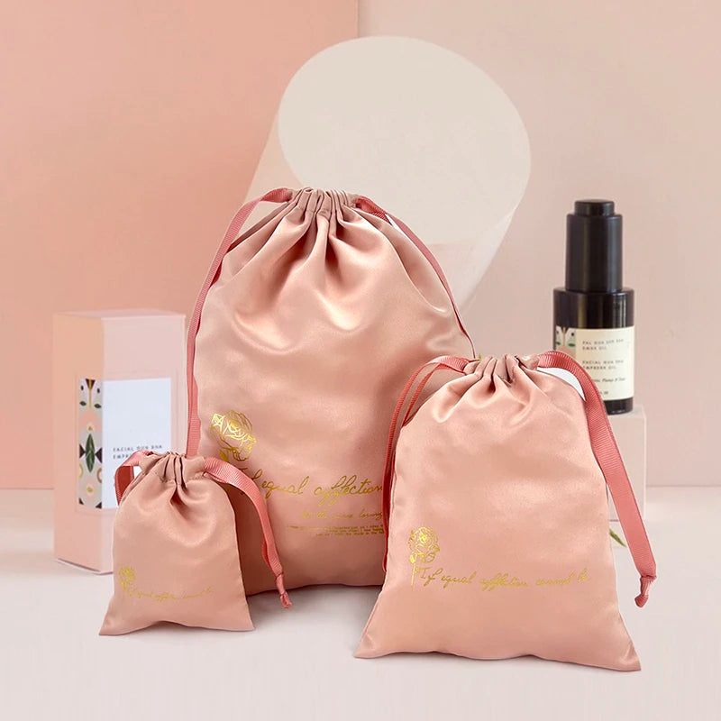 Custom Hot Stamping logo Cosmetic Makeup Cosmetic Bag Drawstring pink