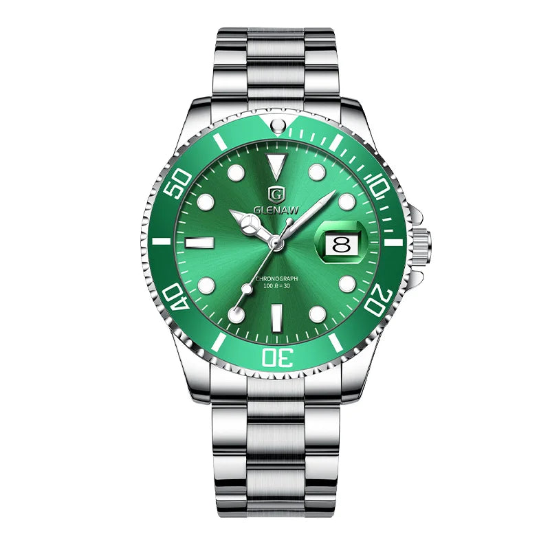 Glenaw Luxury Sport Analog Display Dive Watch for Men Quartz Watch Aluminium Bezel Alloy Case Stainless Steel Band Glass Dial