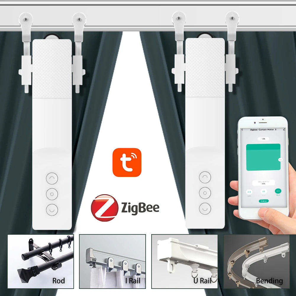 SZMYQ Tuya Smart WiFi Motorized Curtain Motor Drive Remote Controlled Batteries Window Sliding Curtain for Zip Bending I U Track