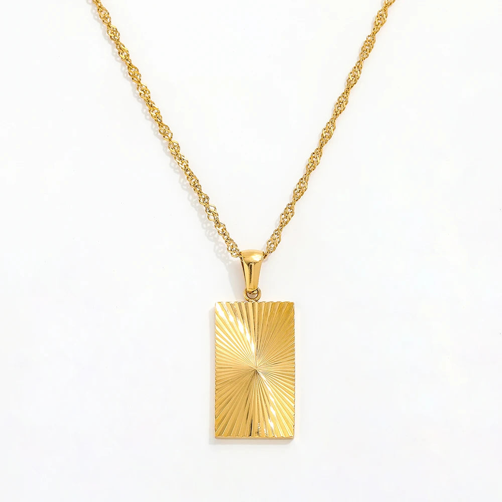 Fenny Wholesale 18K PVD Plated Waterproof&No Fade Dainty Shiny Rectangle Sunburst Pendant Stainless Steel Necklace for Women
