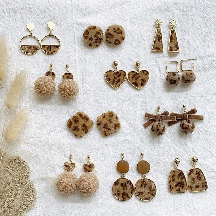 Korean Heart Bowknot Leopard Earrings Ball Square Wooden Drop Earrings for Women