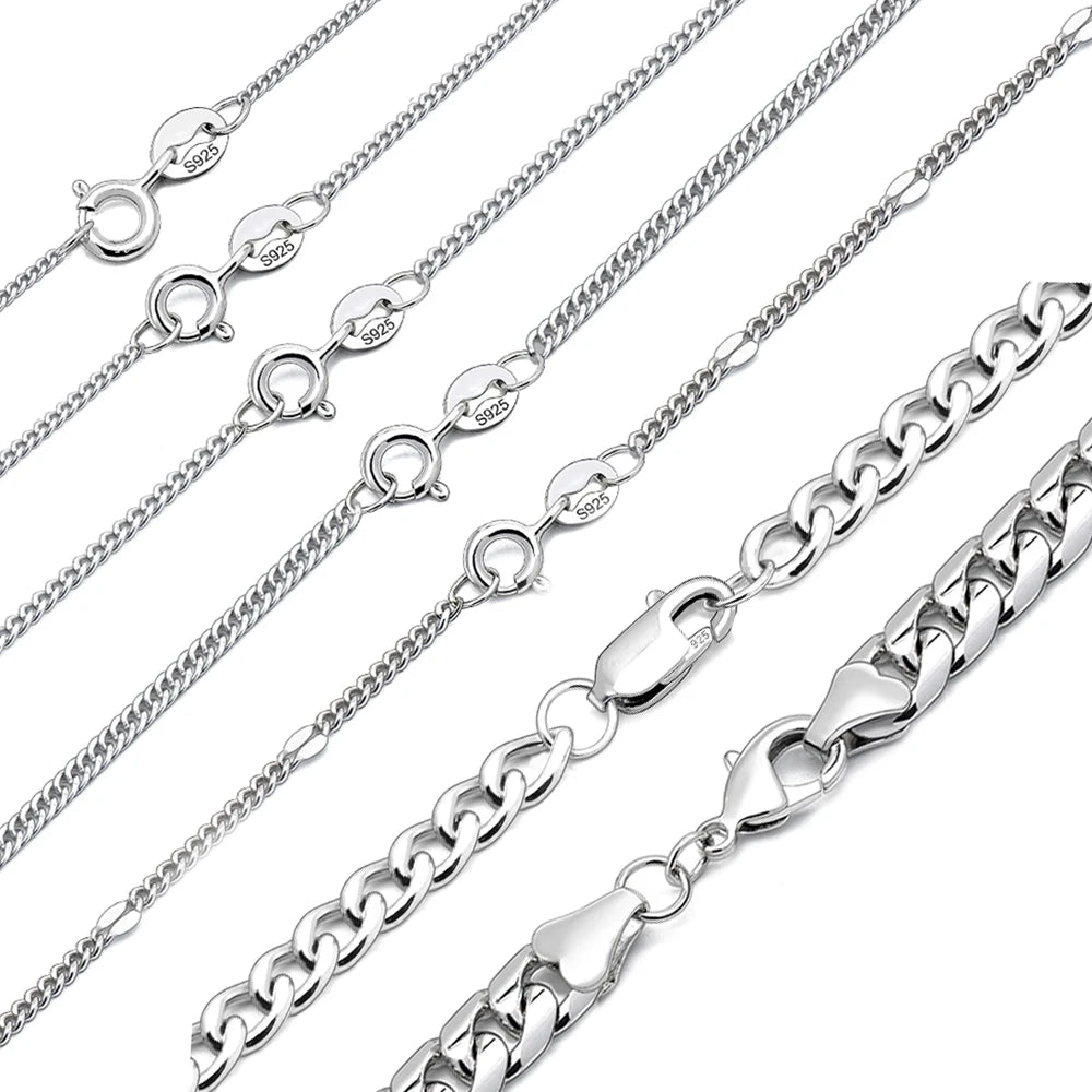 Solid 925 Sterling Silver Link Machine Made Necklace Wholesale Flat Curb Chain Gourmette Chaine for Women Men