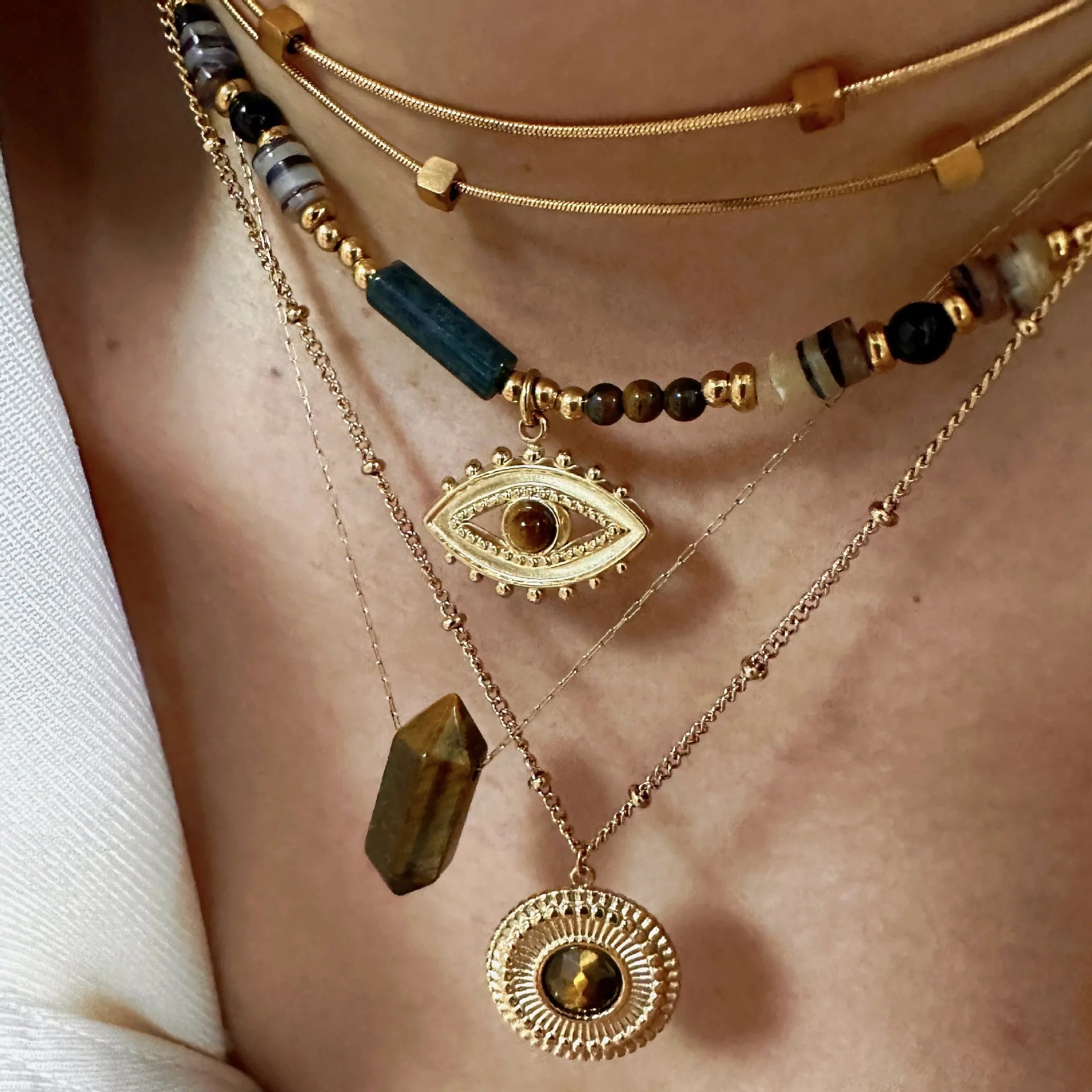 Luxury 14K Gold Stainless Steel Beaded Necklace Vintage Style Evil Eye Pendant Tiger Eye Necklace for Women