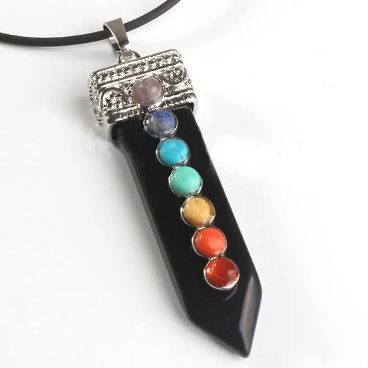 HZ Wholesale Sword Shape Seven Chakra Energy Point Black Obsidian Gemstone Necklace Healing Crystal Pendant Towers Jewelry