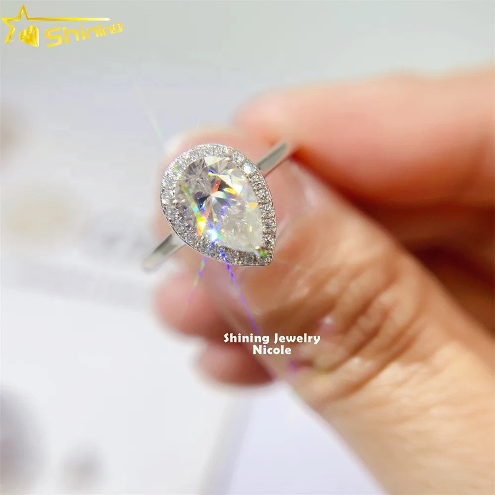 Drop Shipping Fashion Popular halo Pear Cut 1.5 Carat Moissanite 925 Silver Engagement Ring