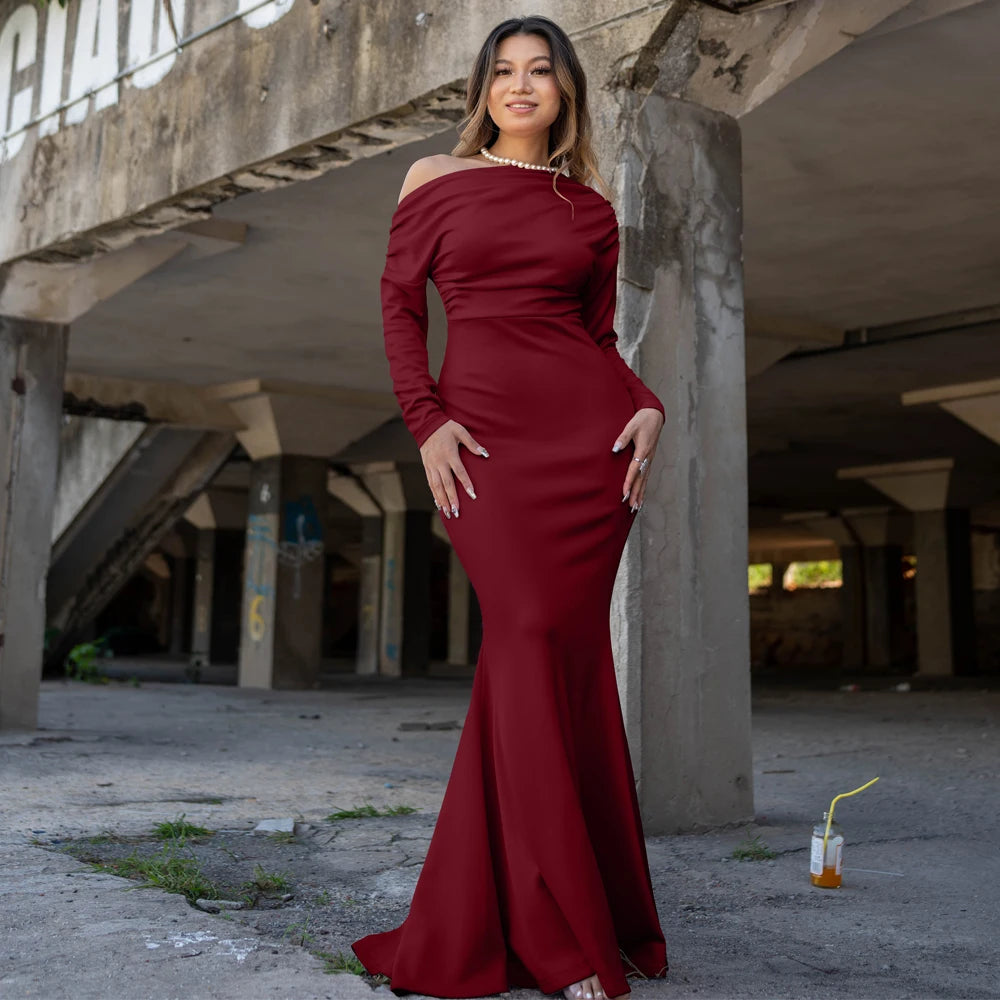 Wholesale Fashion Woman One Shoulder Long Sleeve Formal Party Evening Dresses Ruched Elegant Long Dress