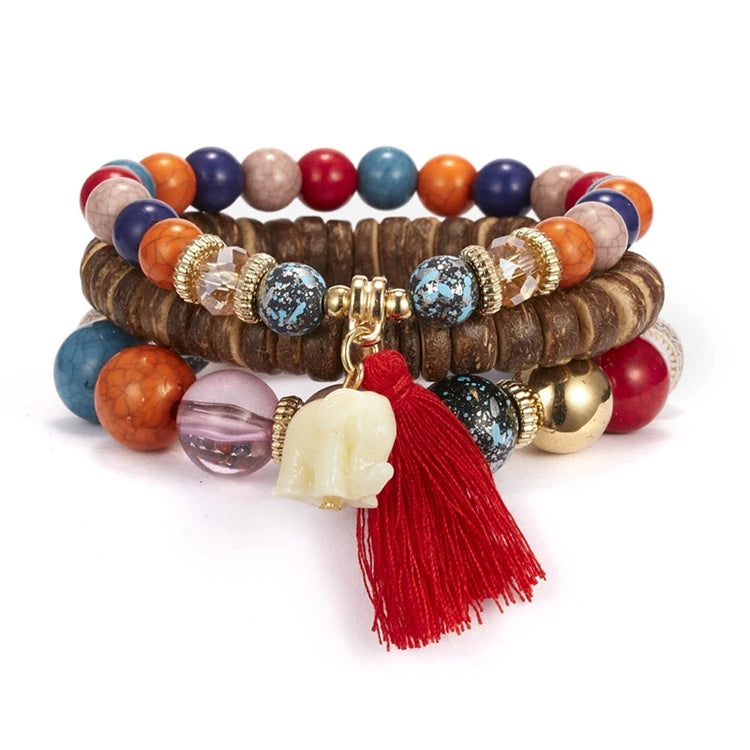 Bohemia Ethnic Style Charm Elephant Tassel Pendant Coconut Shell Acrylic Beads Boho Bracelet Set Jewelry for Women