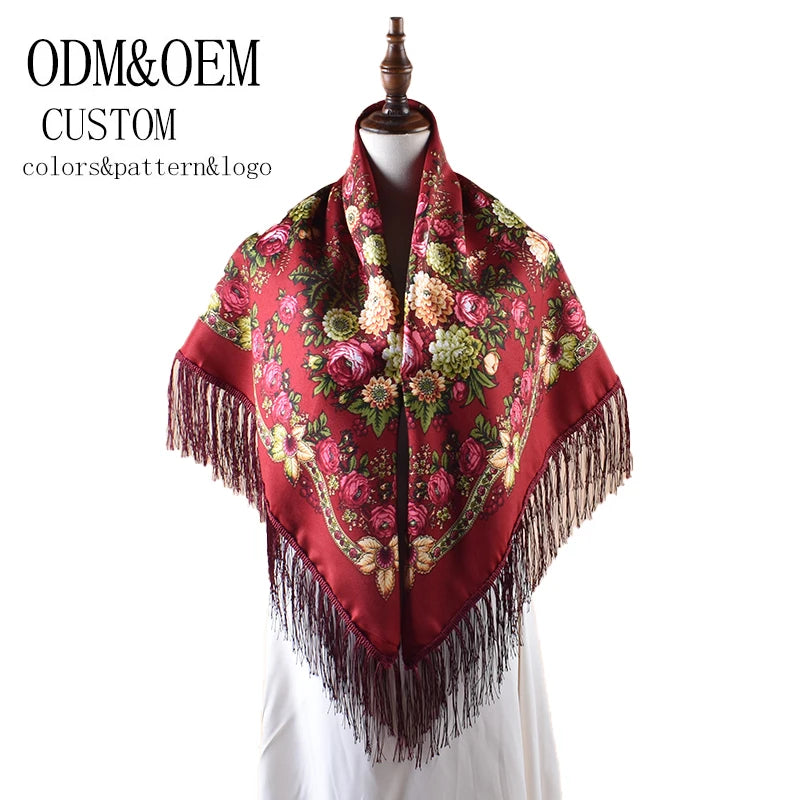 2025 New Ladies 90CM Russian Solid Red Ethnic Flowers Floral Printed Shawl Square Scarf Hijab Headwrap Tassels Spring Polyester