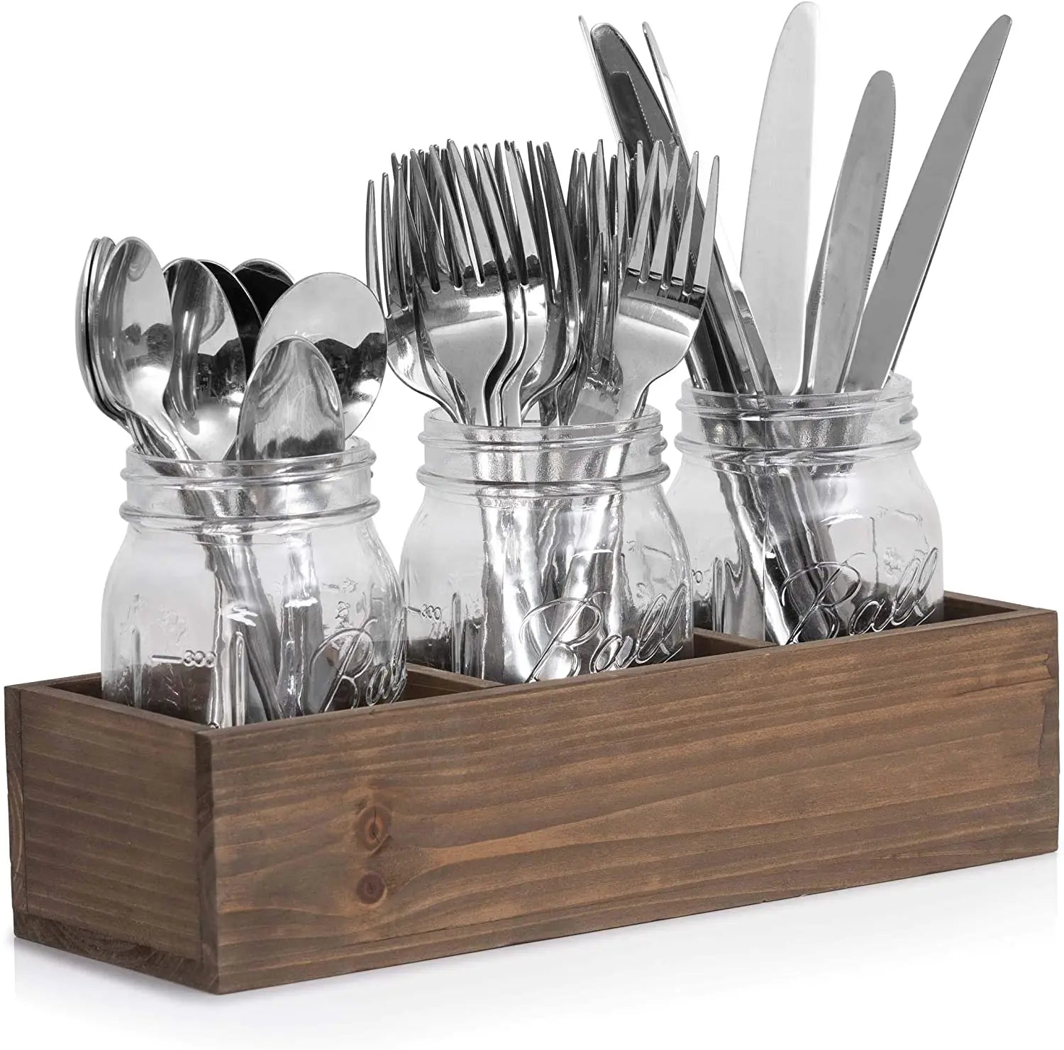 Wood Kitchen Utensil Holder With Decorative Rustic Mason Jars for Table Arrangements