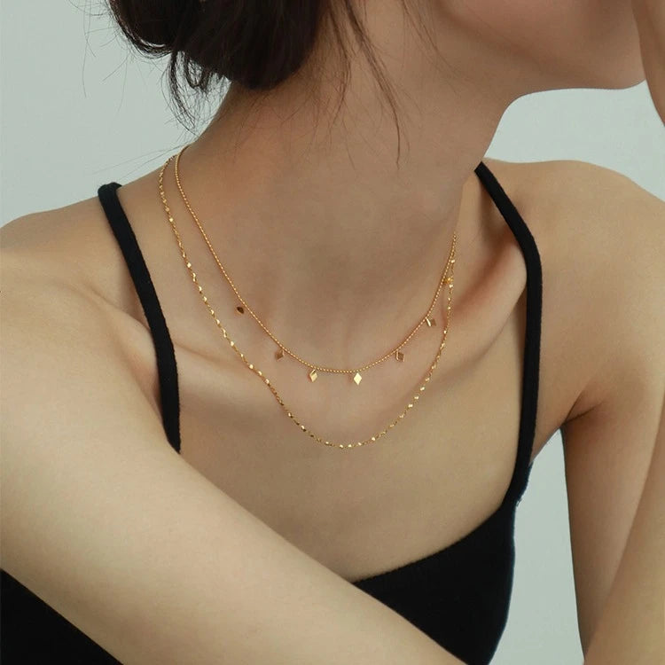 MC309 Wholesale Stainless Steel Small Square Glitter Necklace Collarbone Chain Women's Double Layer Stackable Choker Necklace