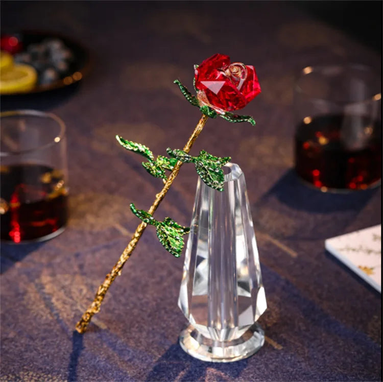 EURAN Classic Multi-color Crystal Glass Rose Figurine Polished Finish 260mm Size for Home Table Wedding Valentine's Day