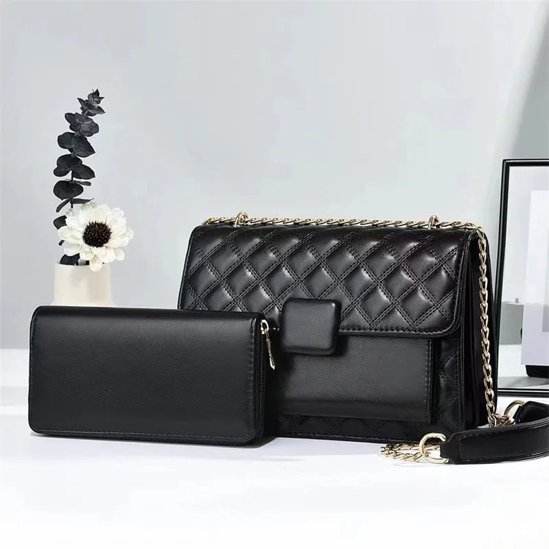 Kunhao New Versatile Crossbody Rhombic Embroidery Winter Vintage PU Material Chains Customizable Logo Large Storage Bag Women's