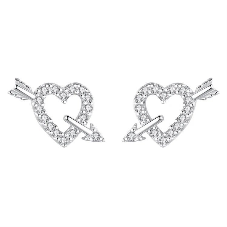 Fashion 925 Sterling Silver Love Heart Shape Women Simple Full Diamond Micro Inlaid Cupid Arrow Stud Earrings